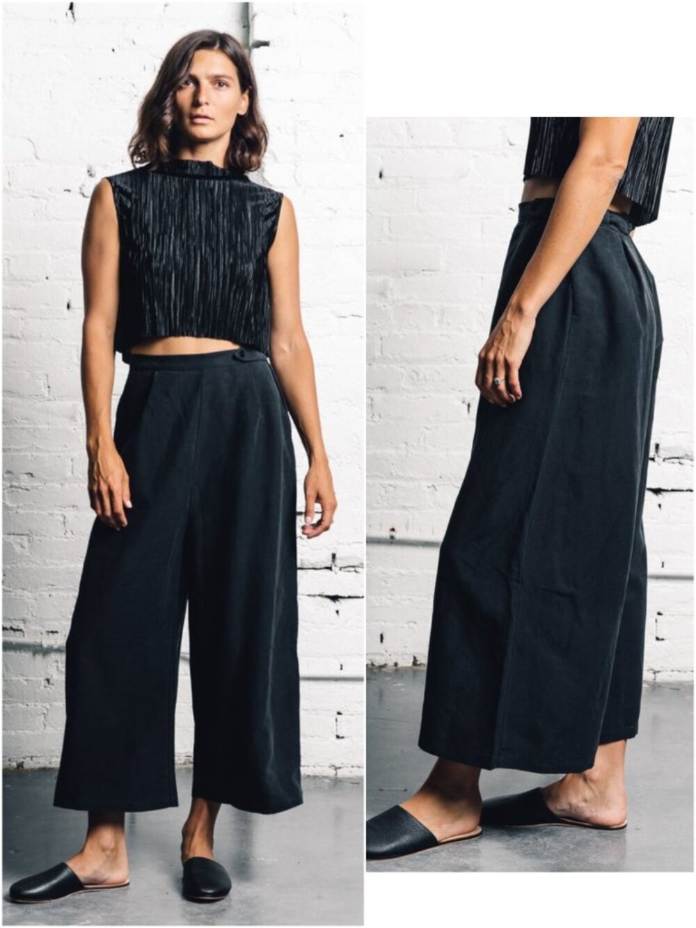 OZMA Studio Pant Wide Leg Crop Culotte Silk Linen Black size S Lagenlook Minimal